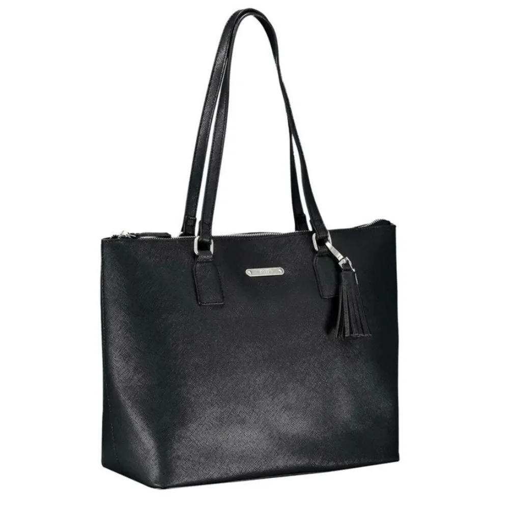 Totto Carinae Medium Tote‎ Bag Black Polyvinyl Roomy Travel Office Casual Tassel